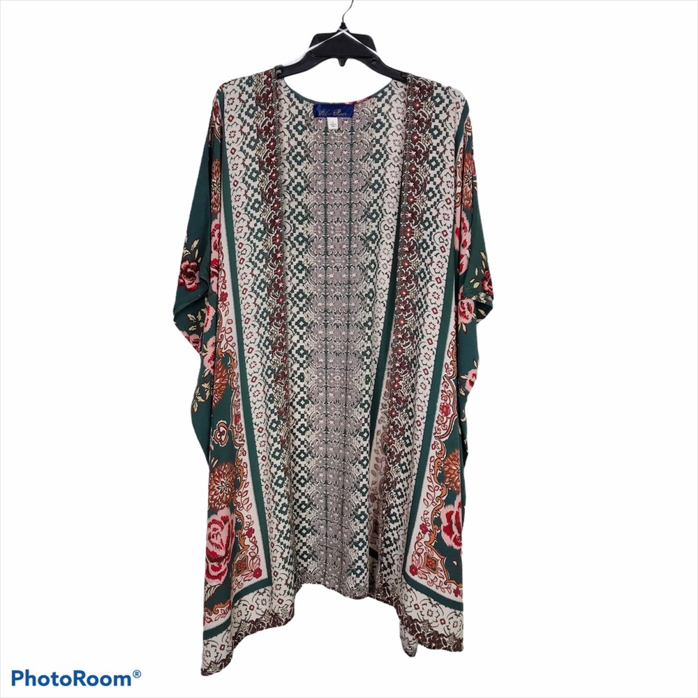 Blue Rain Rose Floral Mix Print Kimono